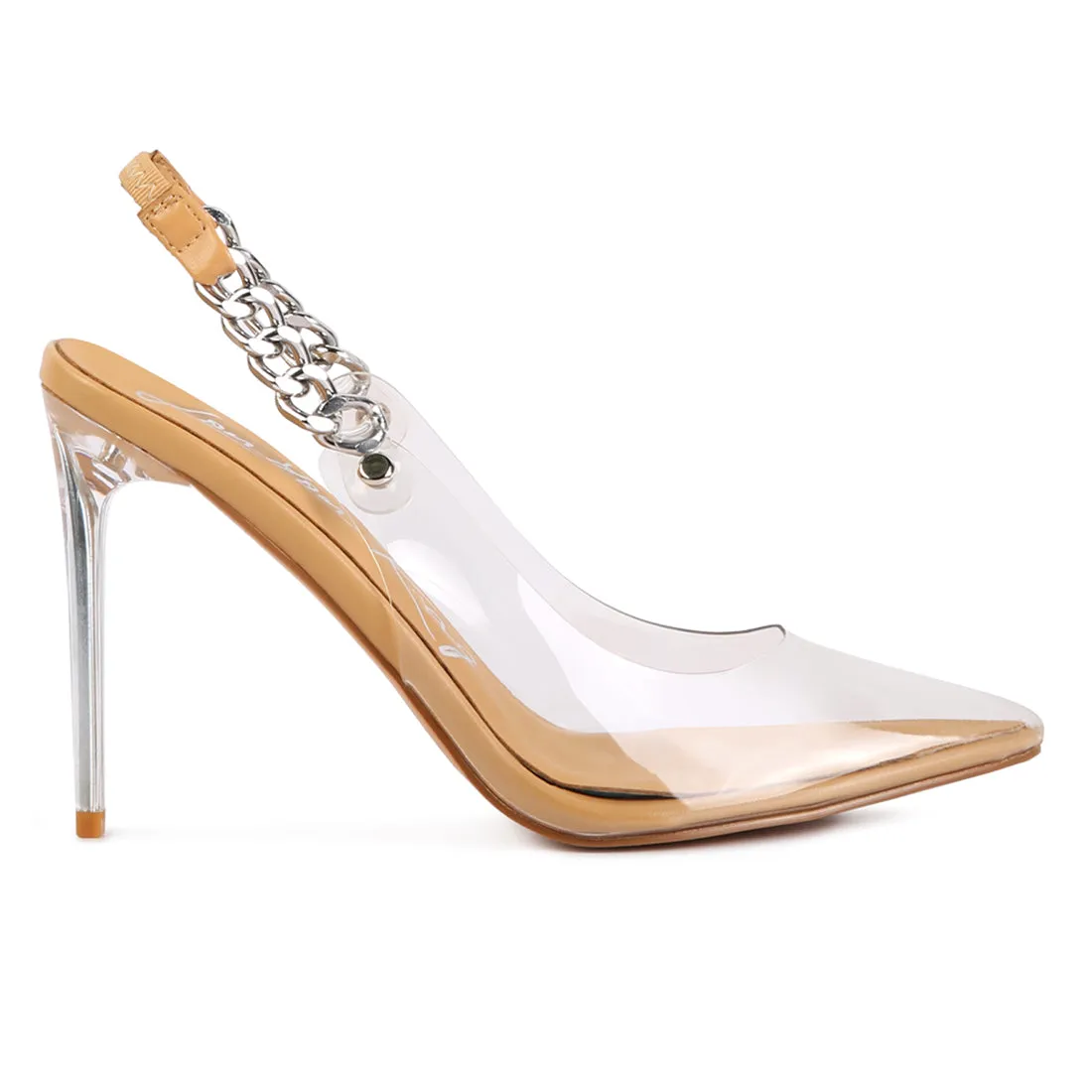 Beige Heeled Clear Chain Slingback Sandal