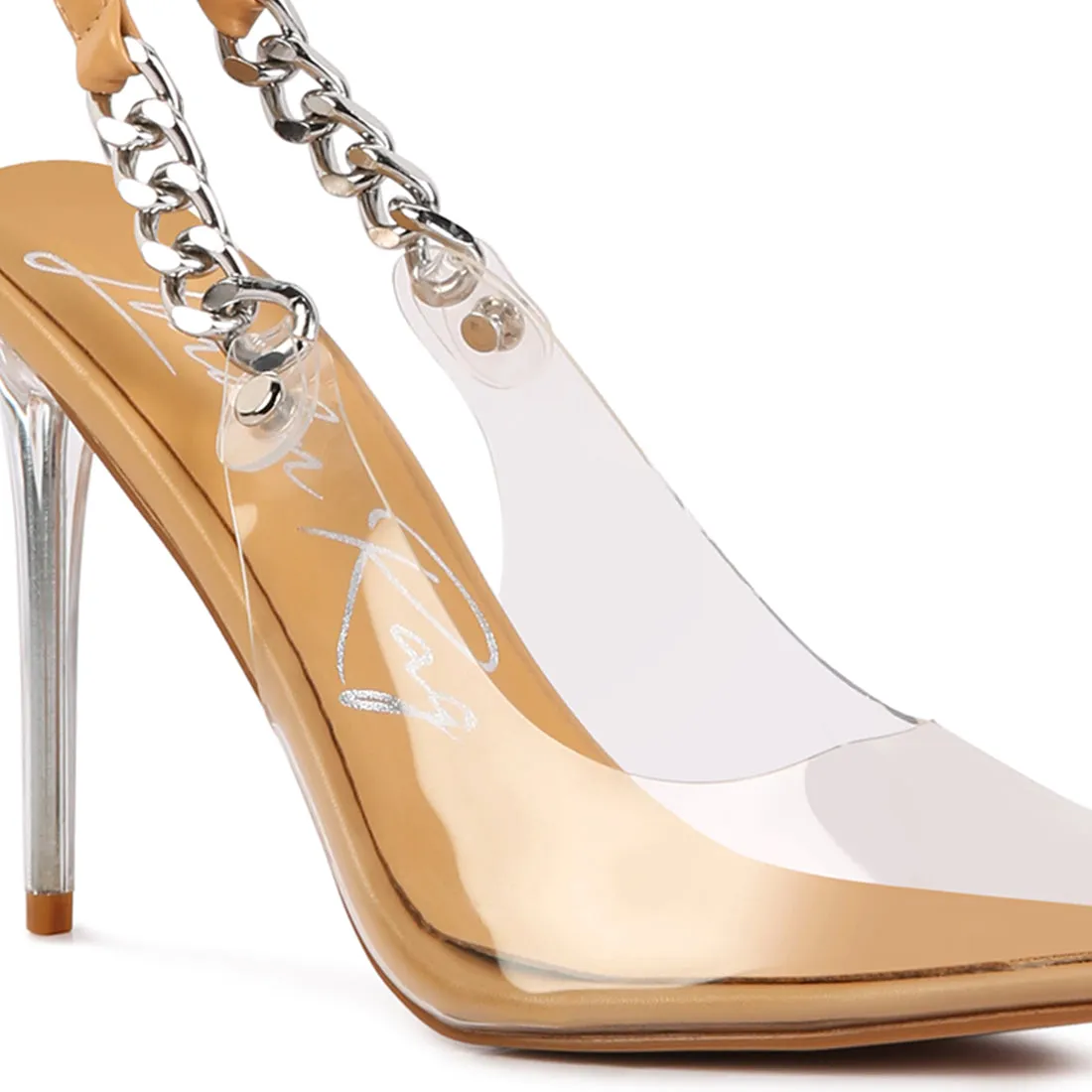 Beige Heeled Clear Chain Slingback Sandal
