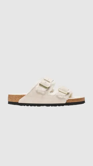 Birkenstock Arizona Shearling in Antique White Suede (Narrow)