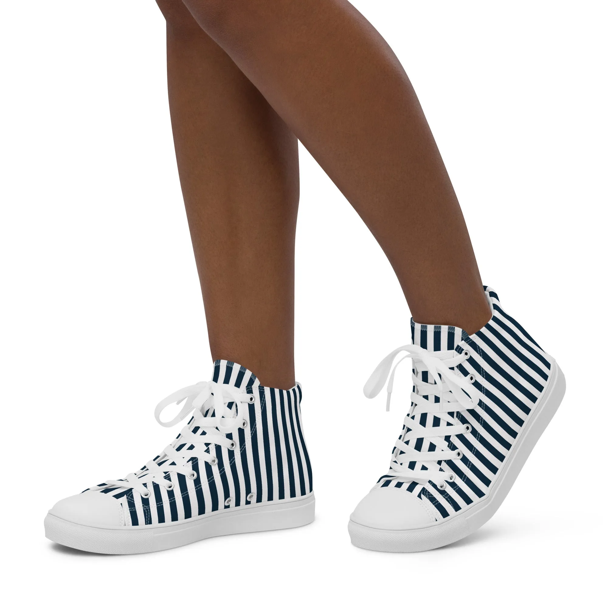 Blue and White Striped Women’s high top canvas shoes