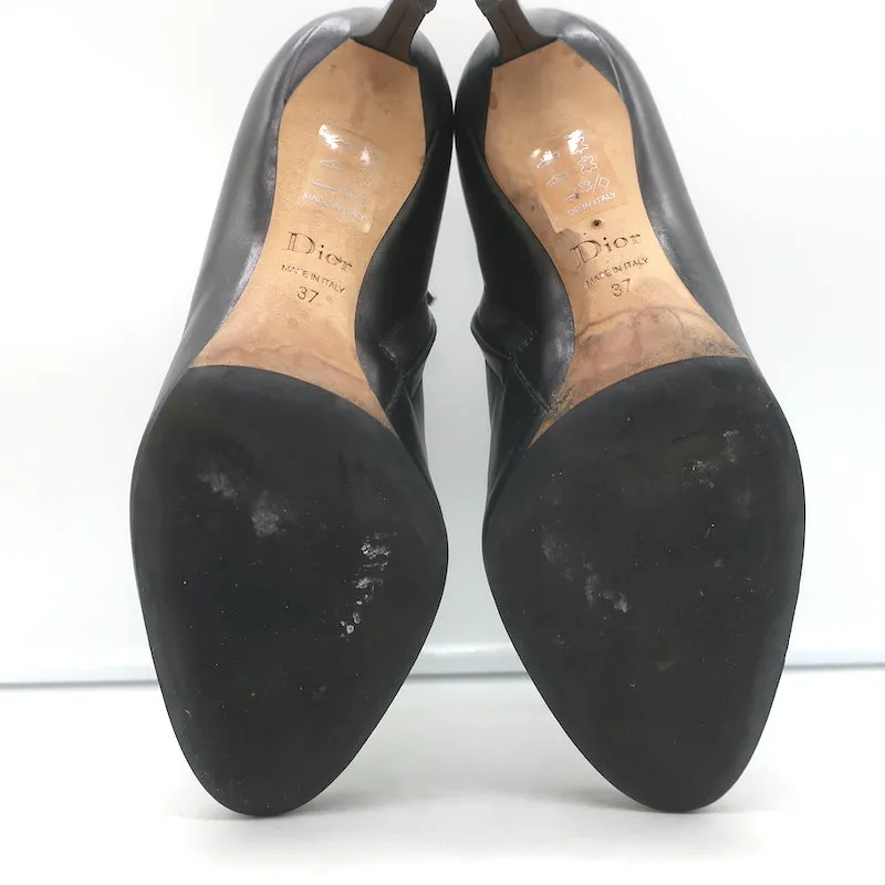 Christian Dior Blason Buckle Ankle Boots Black Leather Size 37 High Heel Booties