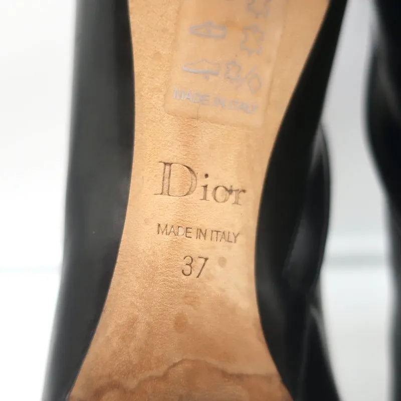 Christian Dior Blason Buckle Ankle Boots Black Leather Size 37 High Heel Booties