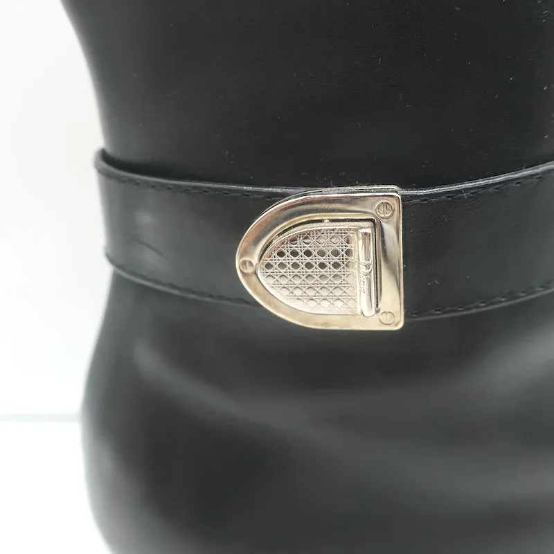 Christian Dior Blason Buckle Ankle Boots Black Leather Size 37 High Heel Booties