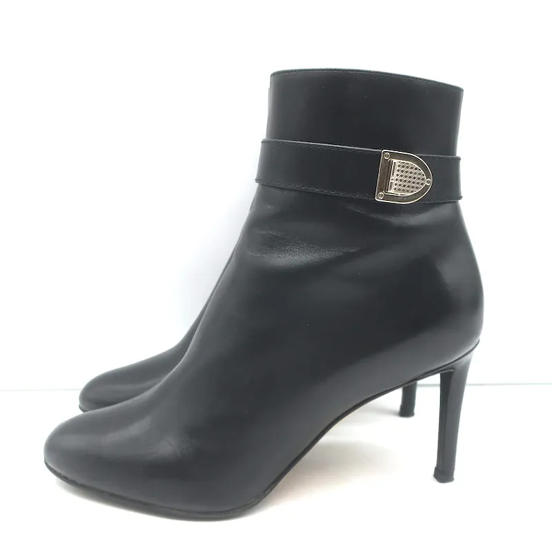 Christian Dior Blason Buckle Ankle Boots Black Leather Size 37 High Heel Booties