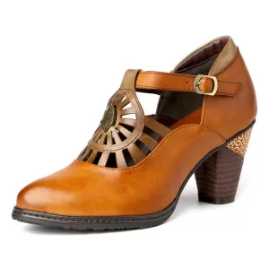 CrazycatZ Women's Leather Mary Jane Shoes Mary Jane Colorful Leather Oxfords Vintage Brown