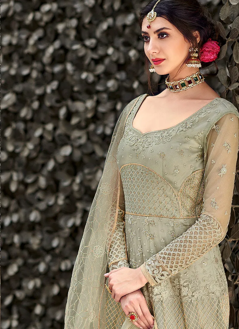 Light Green Zari Embellished Designer Anarkali Gown