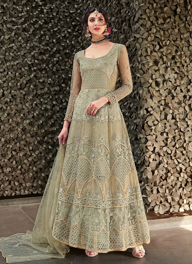 Light Green Zari Embellished Designer Anarkali Gown