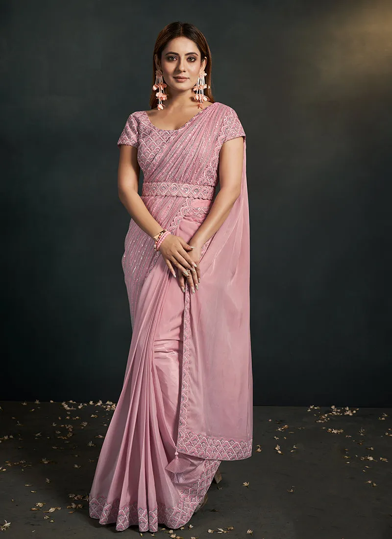 Light Pink Sequence And Appliqué Embroidery Wedding Saree