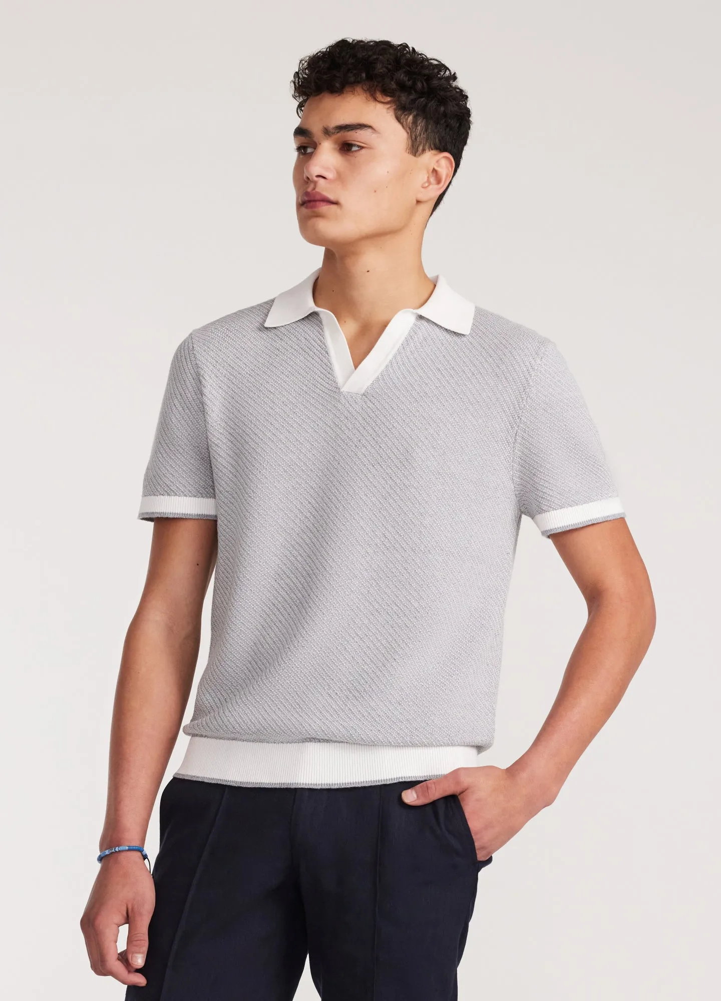 Linen Cotton Twill Knit Polo Grey Marle