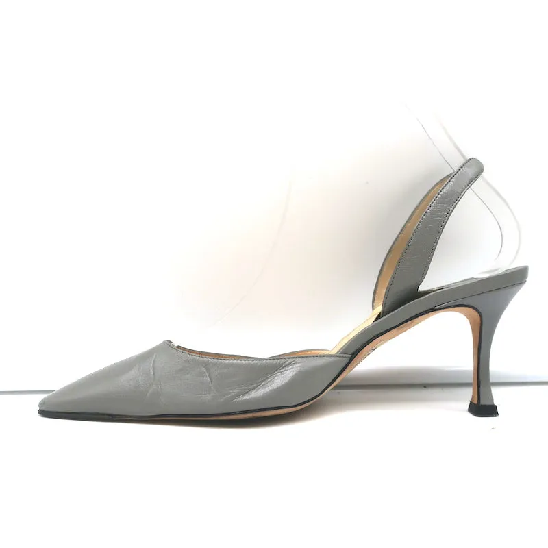 Manolo Blahnik Carolyne Slingback Pumps Gray Leather Size 37 Pointed Toe Heels