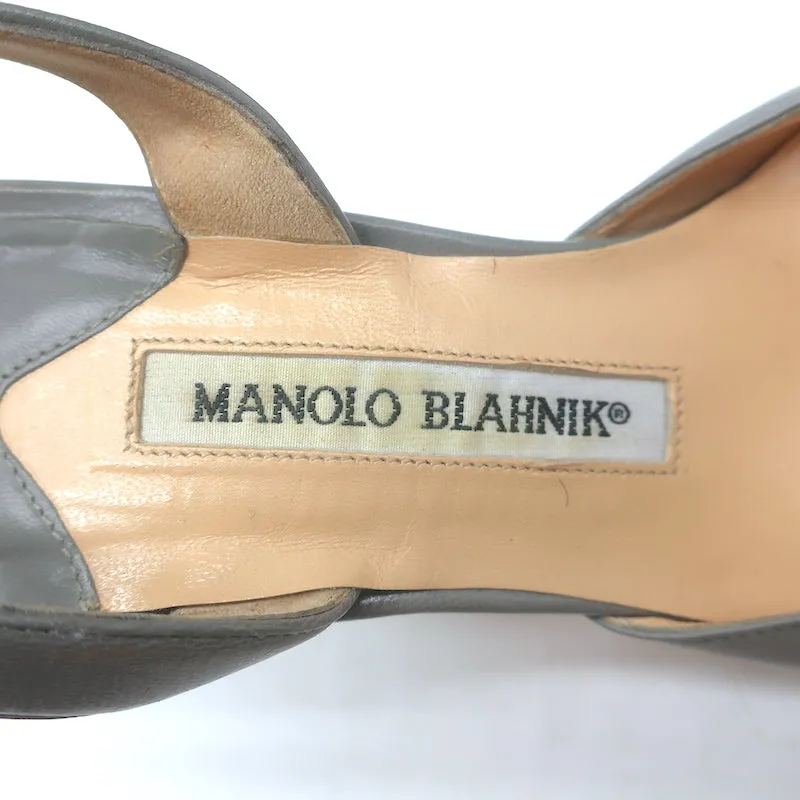 Manolo Blahnik Carolyne Slingback Pumps Gray Leather Size 37 Pointed Toe Heels