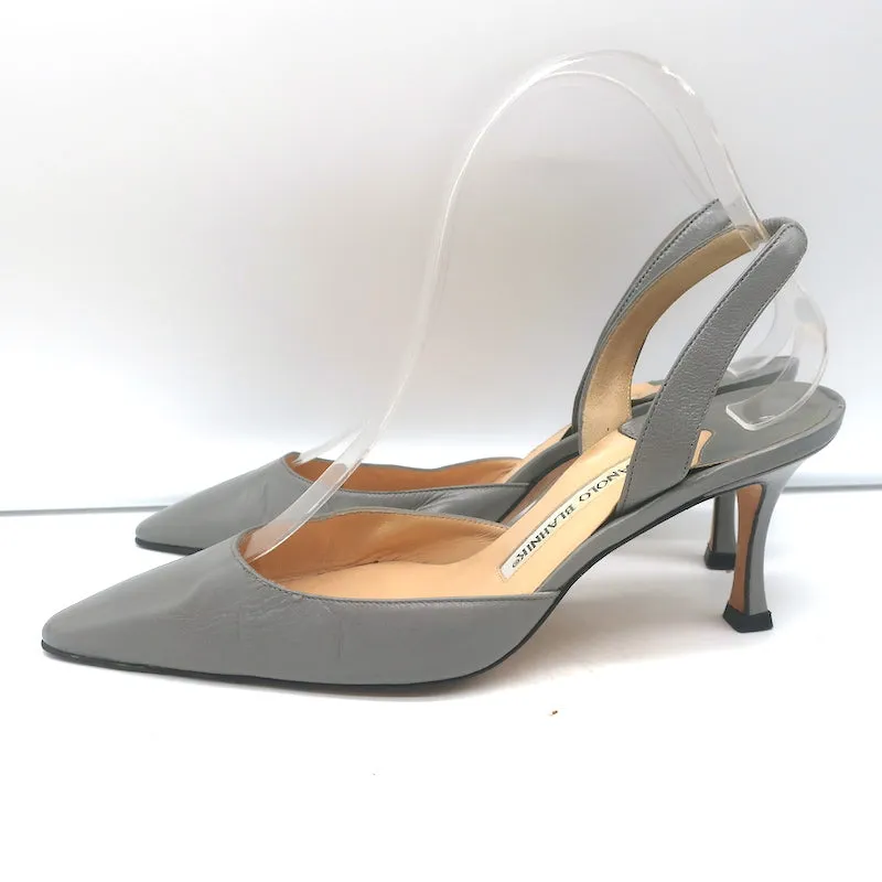 Manolo Blahnik Carolyne Slingback Pumps Gray Leather Size 37 Pointed Toe Heels