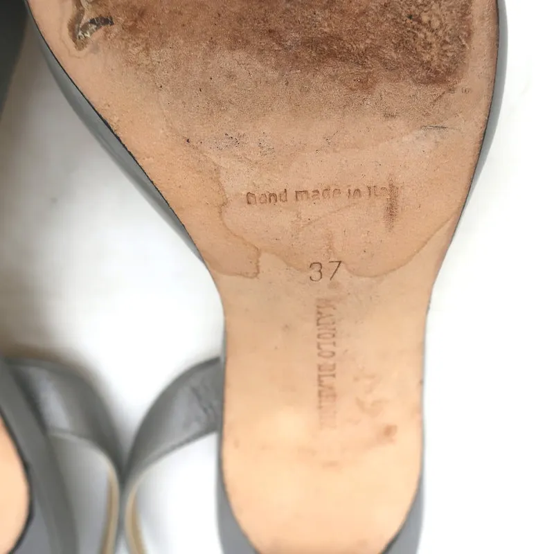 Manolo Blahnik Carolyne Slingback Pumps Gray Leather Size 37 Pointed Toe Heels