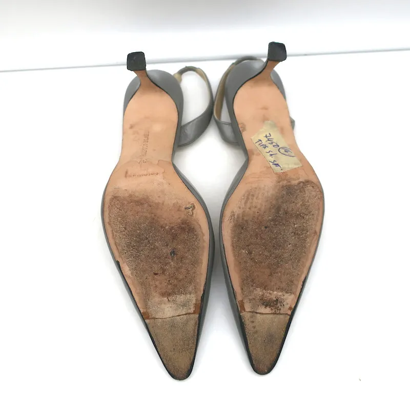 Manolo Blahnik Carolyne Slingback Pumps Gray Leather Size 37 Pointed Toe Heels
