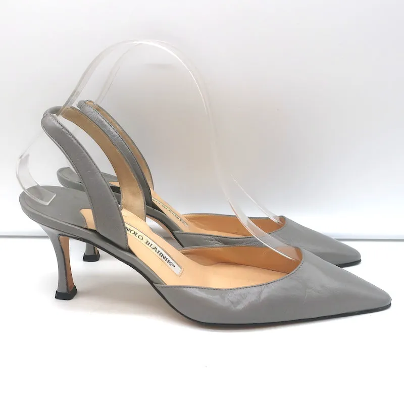 Manolo Blahnik Carolyne Slingback Pumps Gray Leather Size 37 Pointed Toe Heels