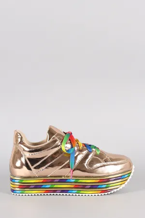 Mirrored Metallic Rainbow striped Lace Up Flatform Sneaker