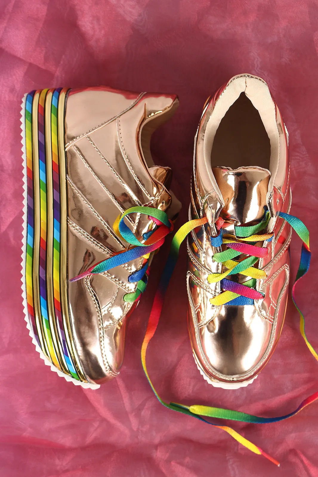 Mirrored Metallic Rainbow striped Lace Up Flatform Sneaker