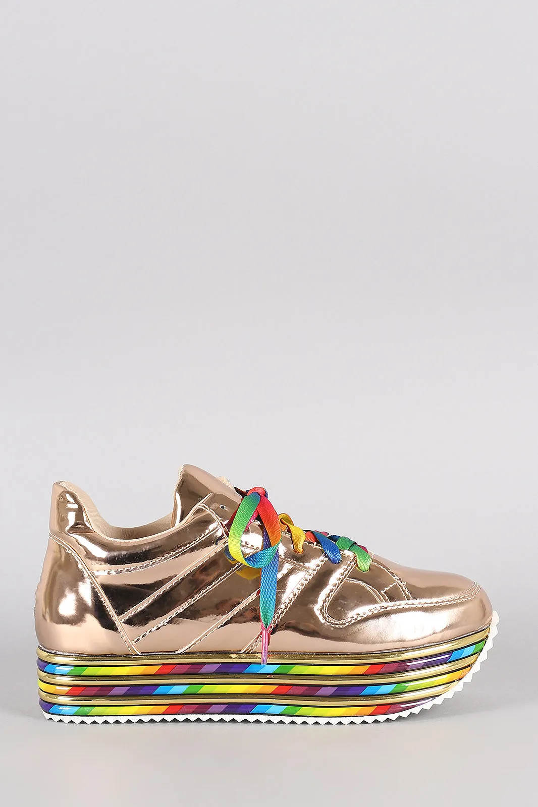 Mirrored Metallic Rainbow striped Lace Up Flatform Sneaker