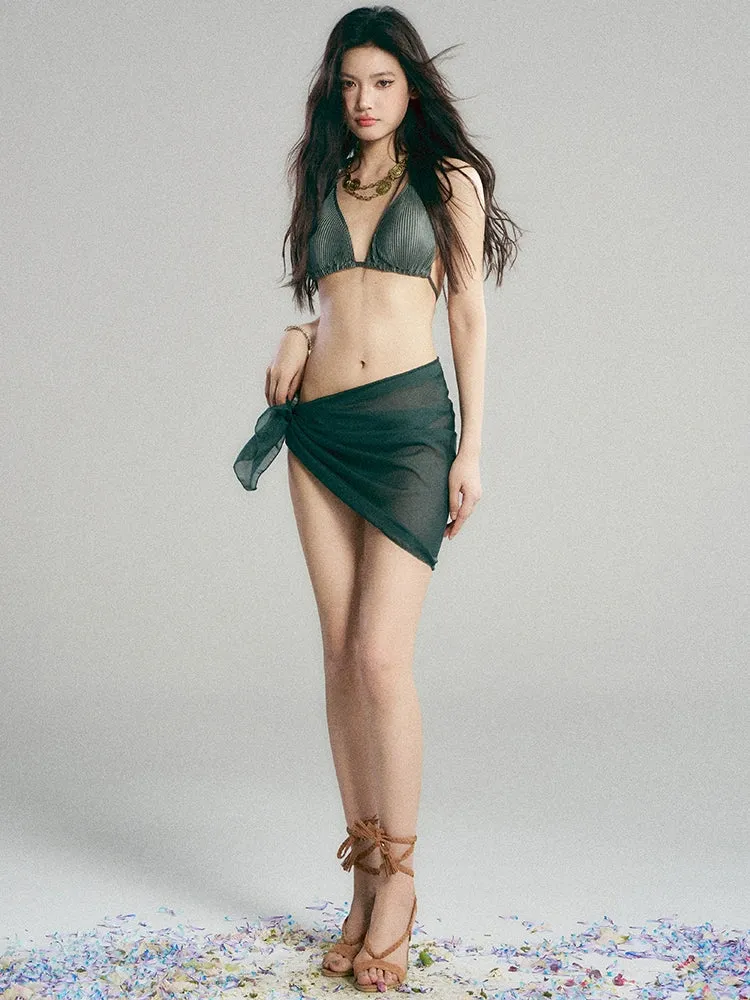 Ribbed Triangle Bikini Set with Sheer Sarong Wrap