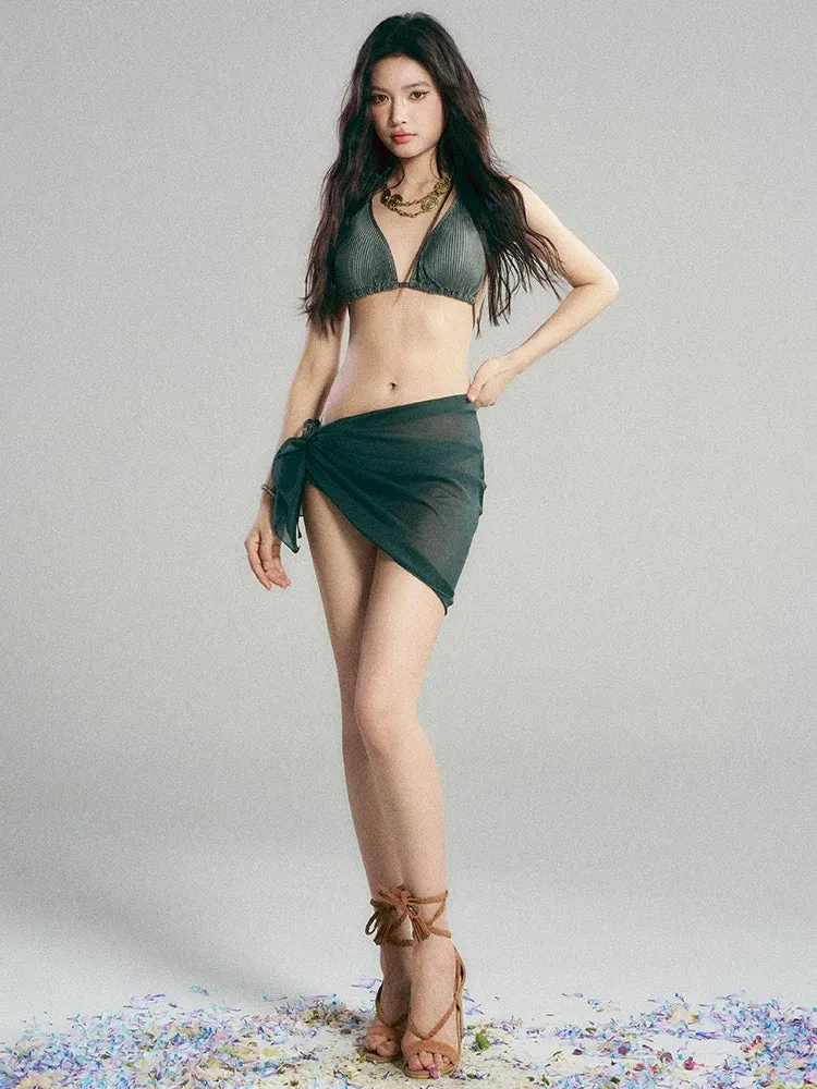 Ribbed Triangle Bikini Set with Sheer Sarong Wrap