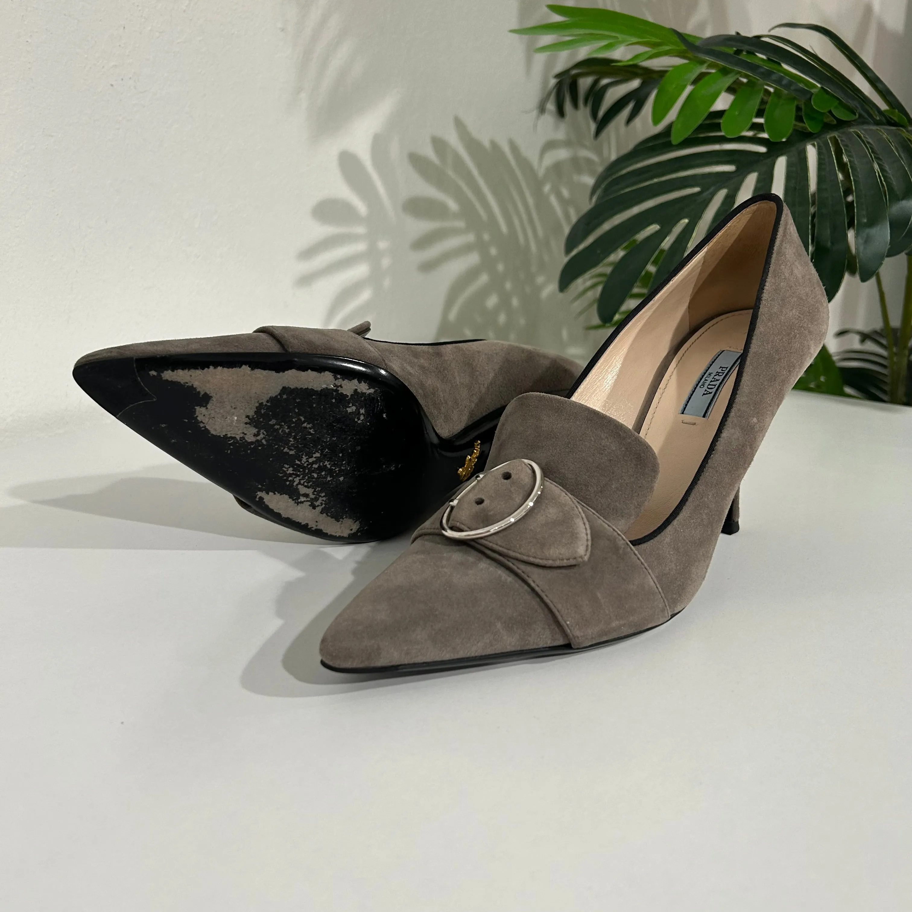 Sale! Prada Grey Suede Buckle Heels