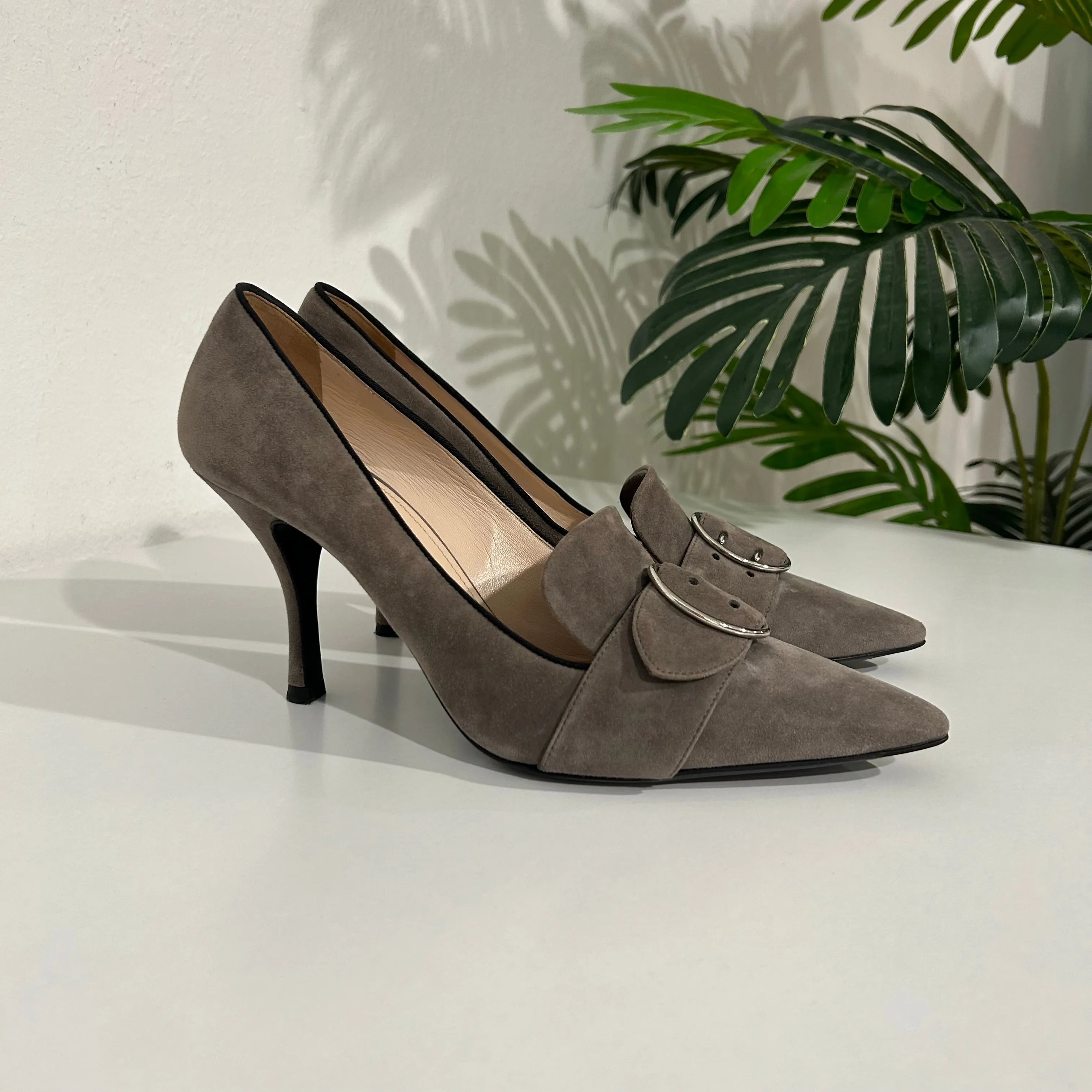 Sale! Prada Grey Suede Buckle Heels