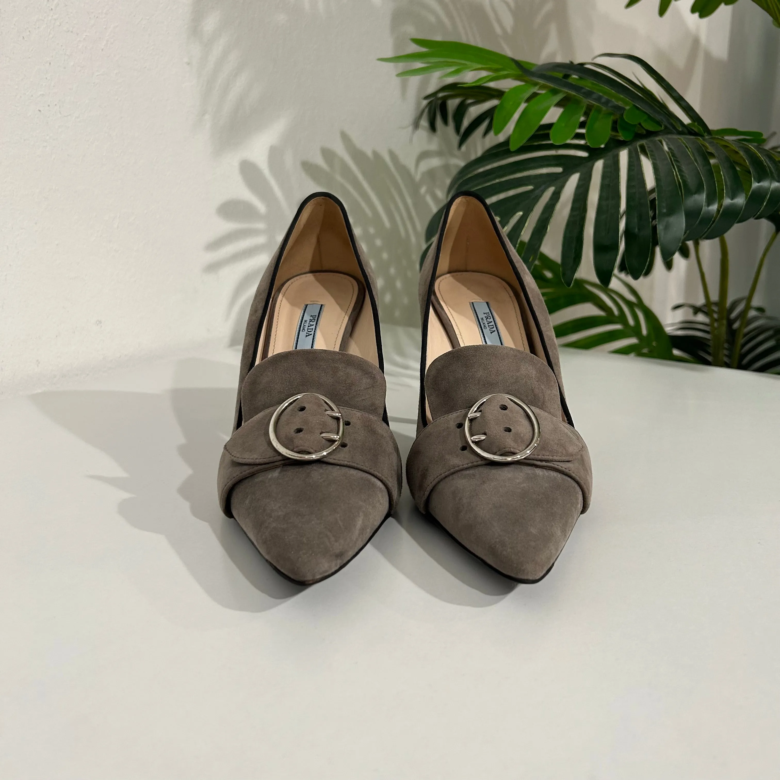 Sale! Prada Grey Suede Buckle Heels