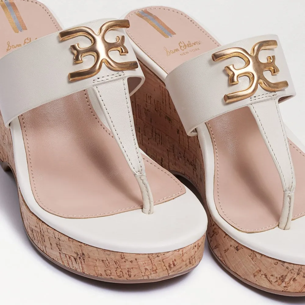 Sam Edelman Yardlie Ivory Leather Wedge  Strap Slip On Open Toe Heeled Sandals