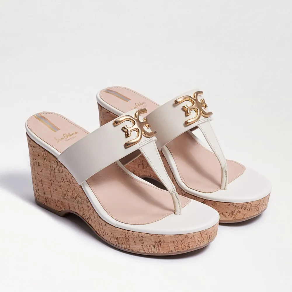 Sam Edelman Yardlie Ivory Leather Wedge  Strap Slip On Open Toe Heeled Sandals