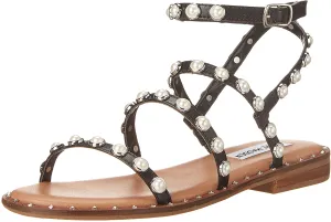 Steve Madden Travel Ankle Strap Pearl Detail Flat Sandals Black Pearl (6, Black Pearl)
