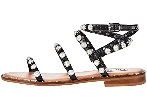 Steve Madden Travel Ankle Strap Pearl Detail Flat Sandals Black Pearl (6, Black Pearl)