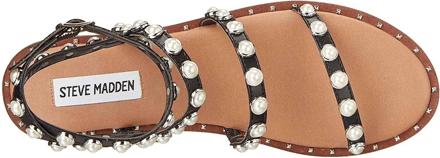 Steve Madden Travel Ankle Strap Pearl Detail Flat Sandals Black Pearl (6, Black Pearl)