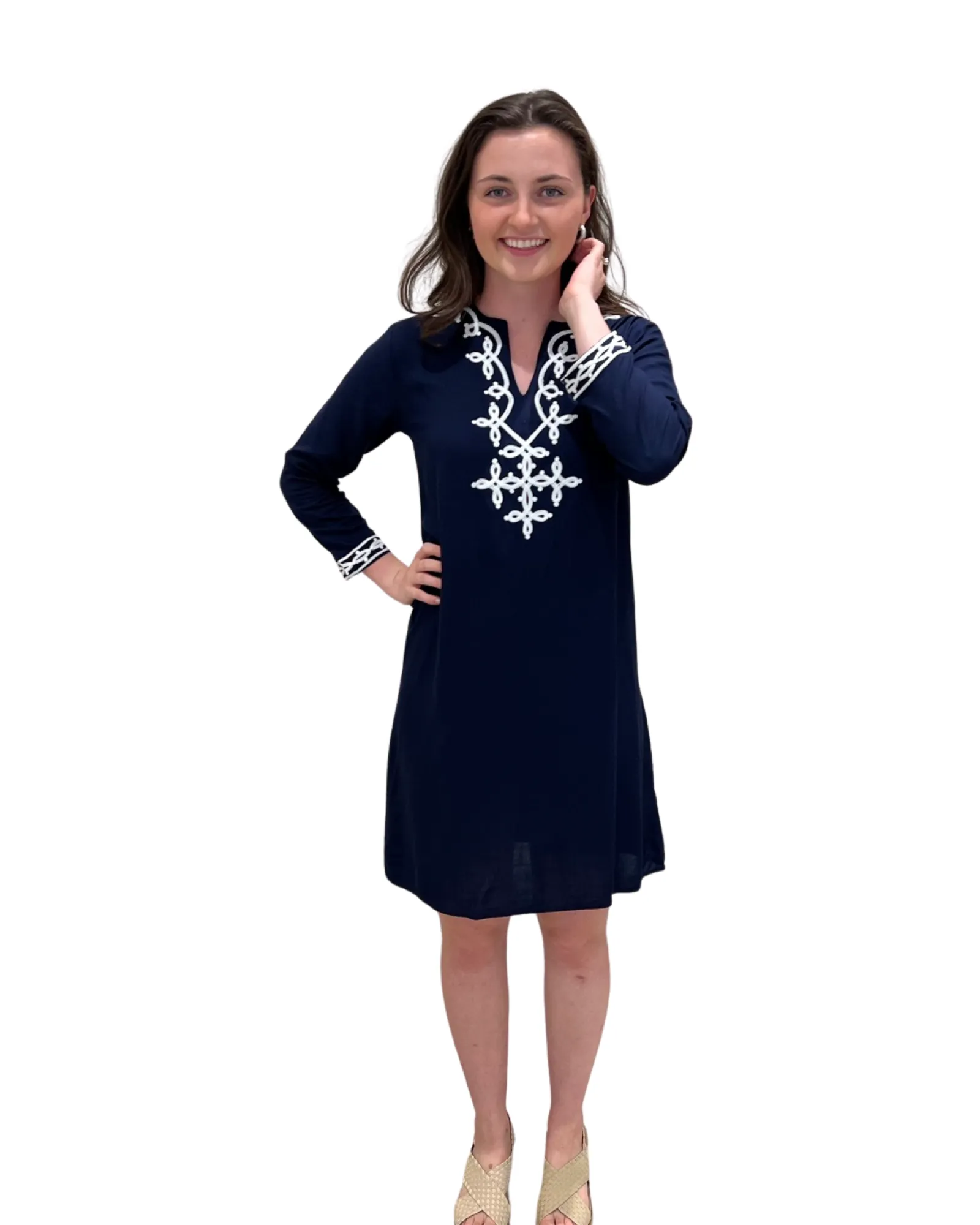 The Brie Embroidered Long Tunic  in Navy and White