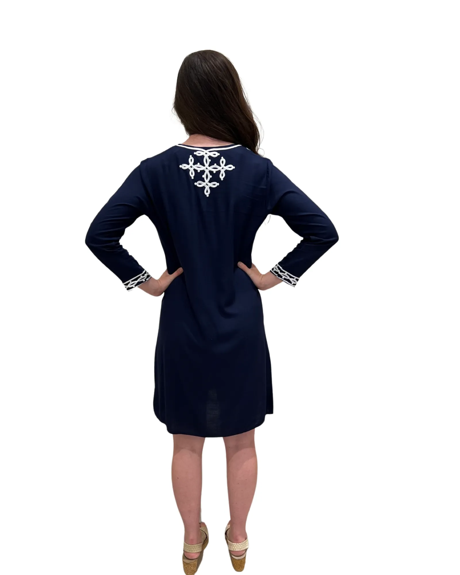 The Brie Embroidered Long Tunic  in Navy and White