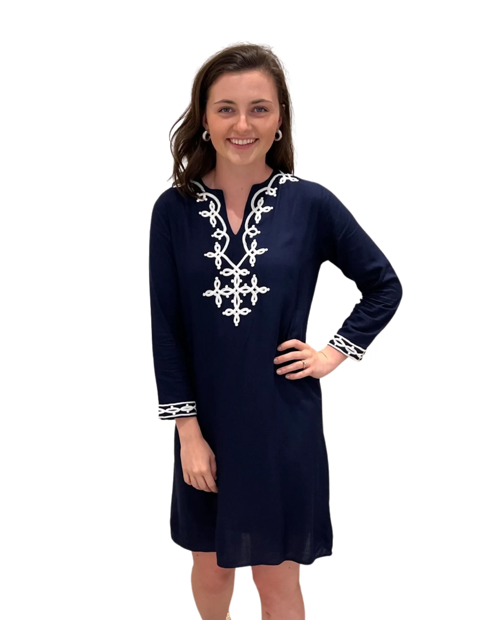 The Brie Embroidered Long Tunic  in Navy and White