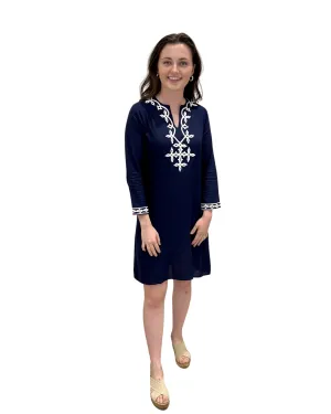 The Brie Embroidered Long Tunic  in Navy and White