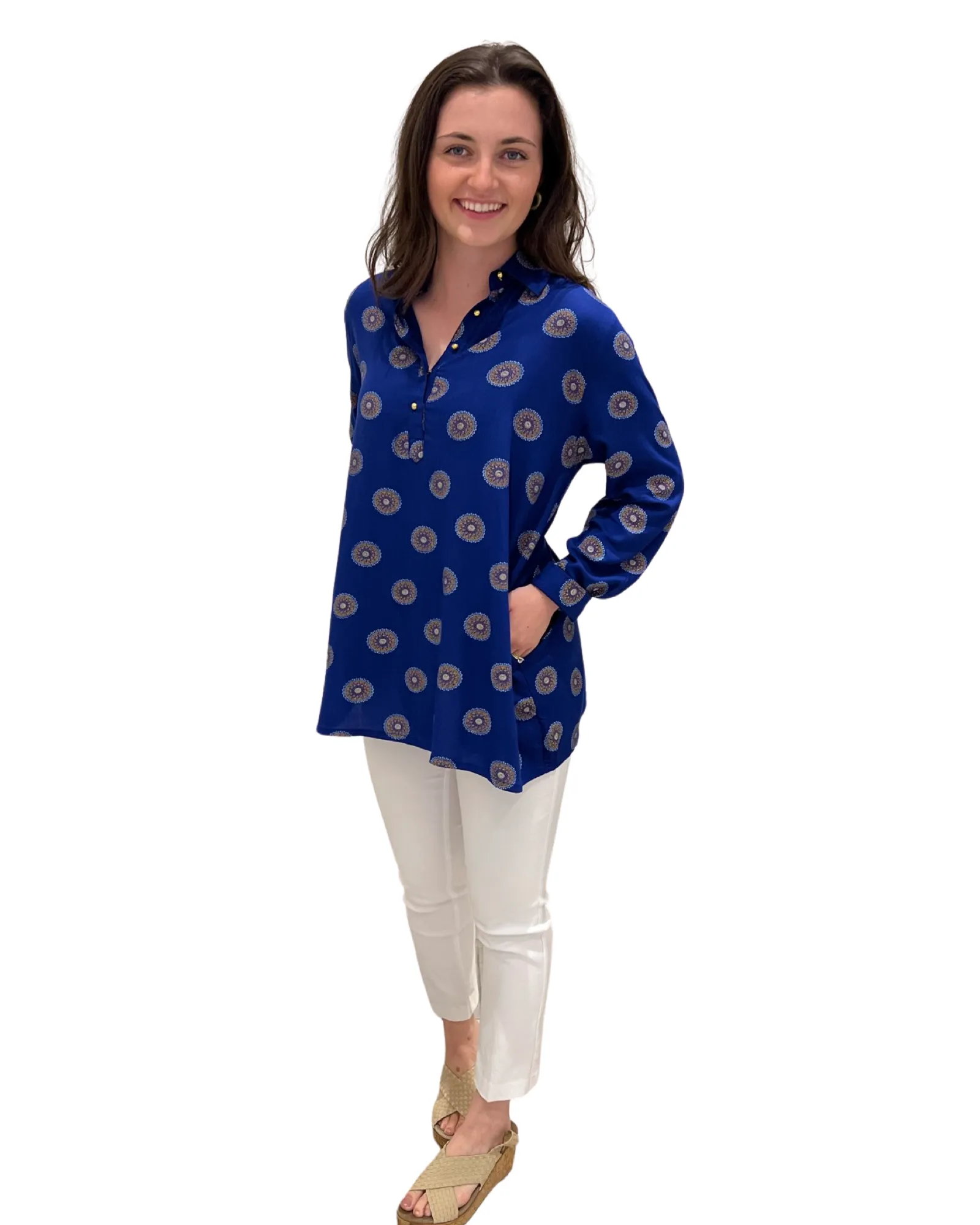 The Brie Embroidered Long Tunic  in Navy and White