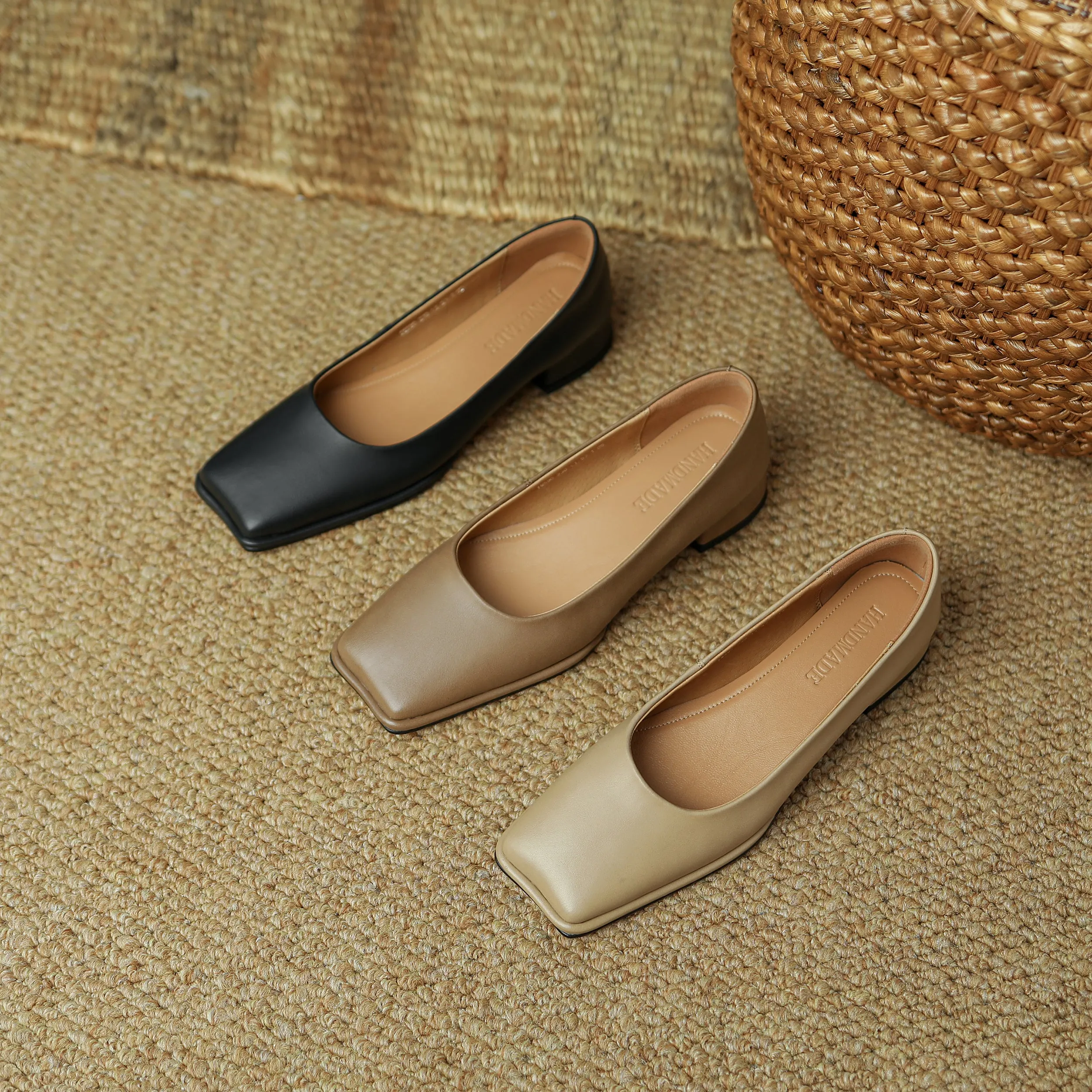 TinaCus Women's Genuine Leather Handmade Square Toe Casual Slip on Low Chunky Heel Flat Shoes
