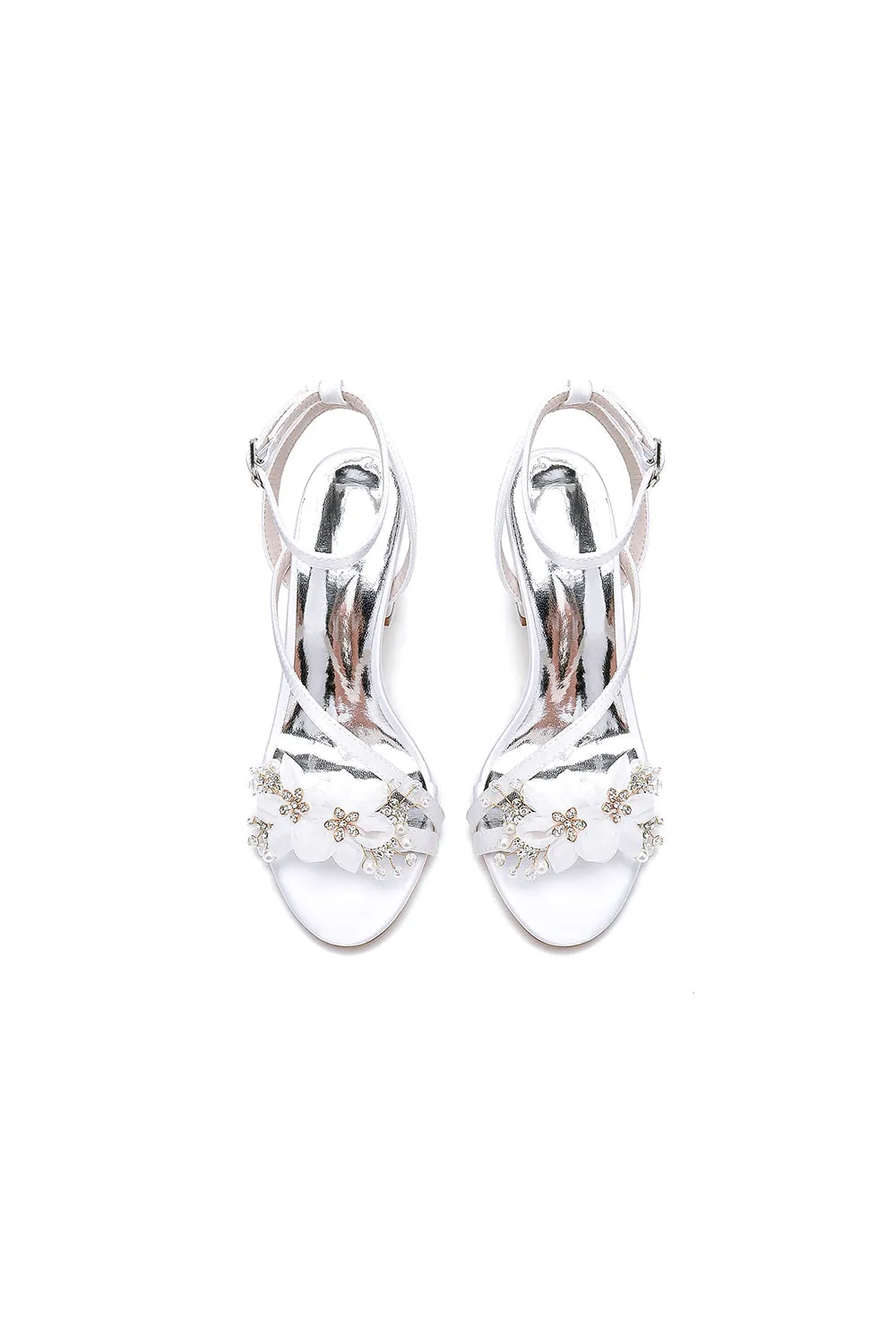 White Open Toe Ankle Strap Chunky Heels with Rhinestone Flower